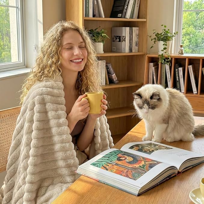 IMEET Linen Ribbed Twin Blanket for Bed - 300GSM Lightweight Soft Fleece Blanket for Men Women, Cozy Blankets Graduation Birthday Gifts, Striped Spring Home School Dorm Decor, Linen, 60x80 Inches