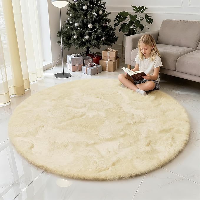yulidayang Fluffy Round Area Rugs for Bedroom,Ivory 6'X6'Shag Circle Area Rugs for Girls Room,Non Slip Fuzzy Plush Rug for Kids Room Living Room and Dorm Home Rug