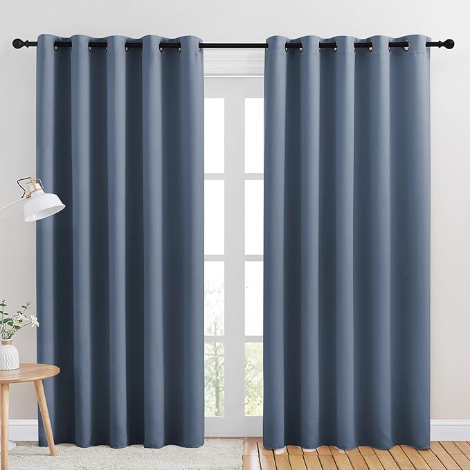NICETOWN Blackout Draperies Curtains for Kids Room, Window Treatment Thermal Insulated Solid Grommet Blackout Drape Panels for Bedroom (Stone Blue, Set of 2, 70 by 84 inches)