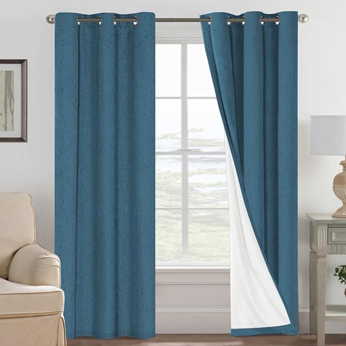 H.VERSAILTEX 100% Blackout Curtains for Bedroom Thermal Insulated Linen Textured Curtains Heat and Full Light Blocking Drapes Living Room Curtains 2 Panel Sets, Blue Sapphire, 42x84 Inch