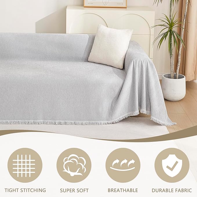 MYSKY HOME Couch Cover for Pets Light Grey Couch Covers for 2 Cushion Couch Sofa Simple Tassel Sofa Covers for Loveseat L Shaped Chenille Couch Cushion Covers for Dogs Kids Easy Install,91" X118"