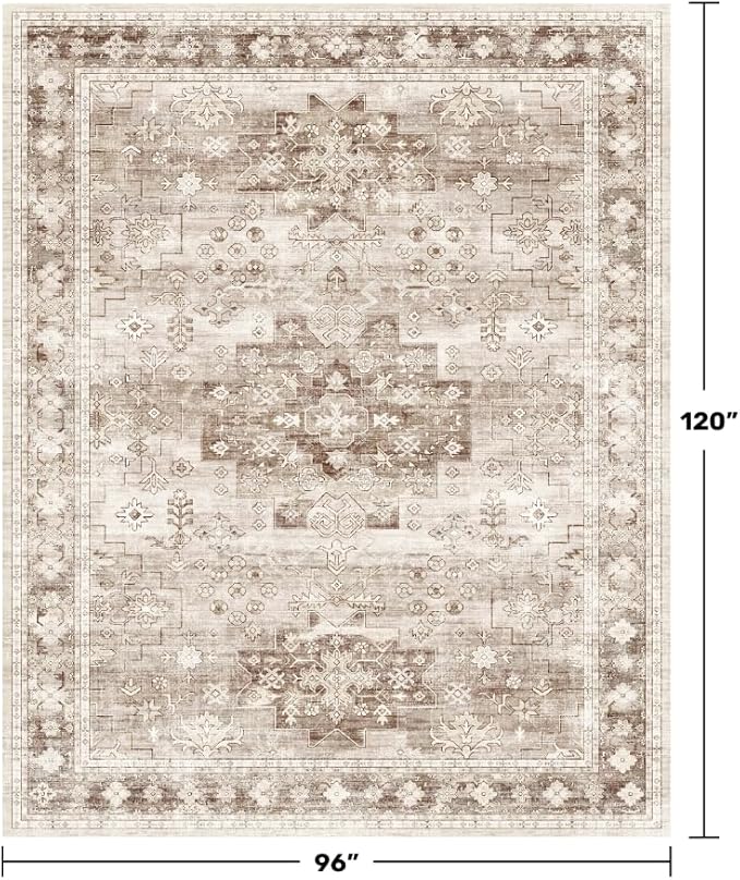 Washable Farmhouse Living Room Rug, 8x10 Area Rugs for Bedroom, Dining Room Under Table Carpet, Kids Room, Large Boho Vintage Non-Slip Floral Rugs Low Pile Stain Resistant (8x10 Beige/Latte)