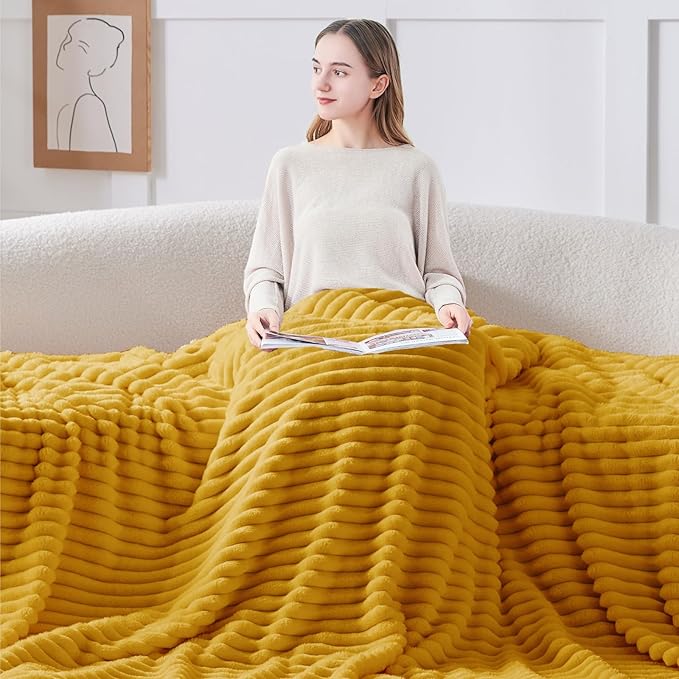 BEDELITE Twin Blanket for Couch & Bed, 300GSM Soft & Warm Fleece Blanket, Decorative and Giftable Striped Mustard Yellow Blankets for Women, Men, 60"x80"