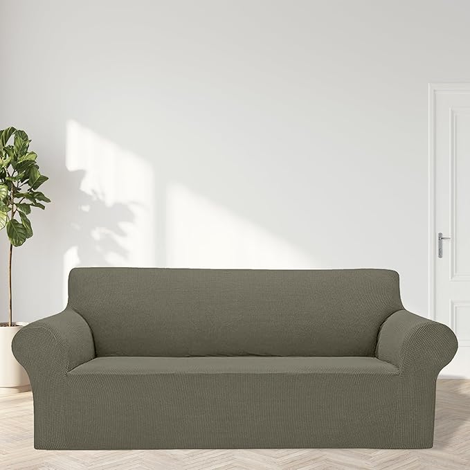 Cupuamon 2026 New Stretch Sofa Slipcovers Couch Cover for 3 Cushion Furniture Protector Sofa Covers with Elastic Bottom Jacquard Fabric Small Checks for Pets, Kids -Sofa, Khaki