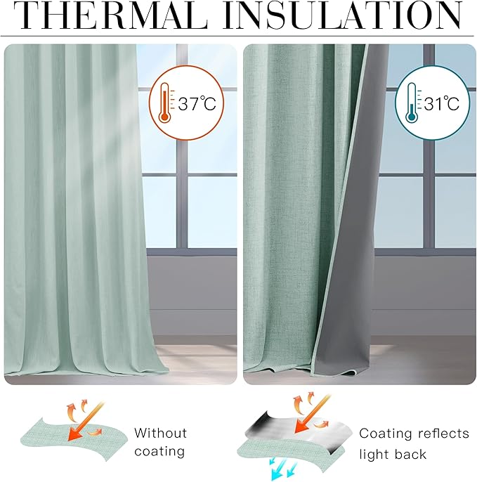 RYB HOME 100% Blackout Linen Textured Curtains 90 inches Long, Thermal Insulating Privacy Energy Saving for Bedroom Living Room Window Office Theater Baby Nursery, W 52 x L 90 in, Aqua, 2 Panels