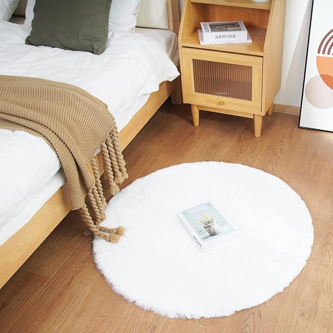 Ghouse Faux Rabbit Fur Round Rug 3ft White Round Rugs for Bedroom Decor Fluffy Area Rugs for Living Room, no-Shedding Carpet Sheepskin Washable Rug Rome Decor