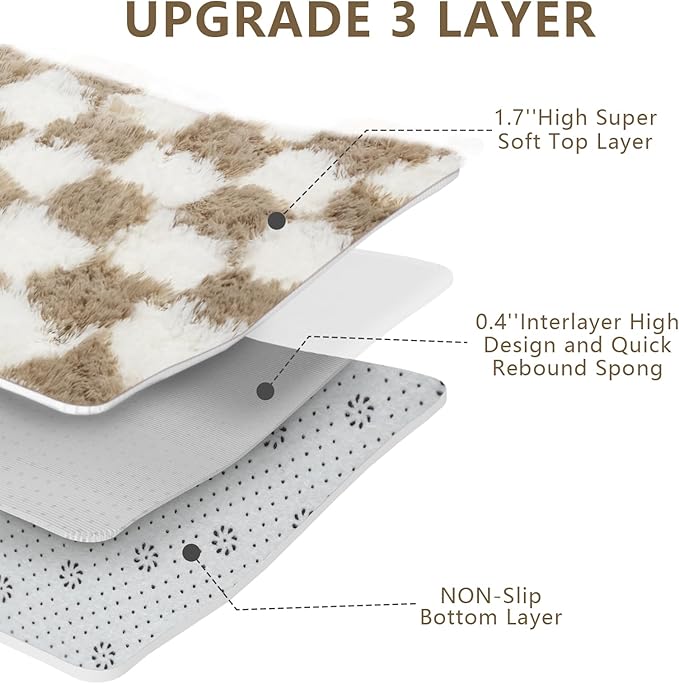 Checkered Area Rugs for Living Room 6x9, Fluffy Beige and White Checkered Rug Fuzzy Shag Shaggy Carpets for Bedroom, Soft Plush Furry Rug for Boy Girls Room Dorm Home Decor