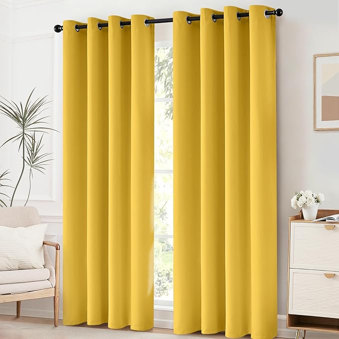 Yakamok Blackout Curtains Room Darkening Thermal Insulated Grommet top Window Curtains for Living Room, 52 x 63 Inch, Mustard Yellow, Set of 2