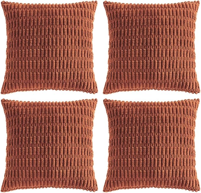 Fancy Homi 4 Packs Rust Decorative Throw Pillow Covers 26x26 Inch for Living Room Couch Bed Sofa, Terracotta Rustic Farmhouse Boho Home Decor, Soft Plush Striped Corduroy Square Cushion Case 66x66 cm