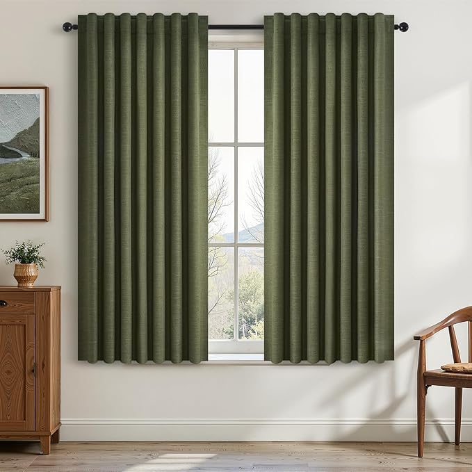 Topfinel Olive Green 63 Inch Long Linen Blackout Curtains 2 Panels Set Thermal Insulated Heat Blocking Curtain for 62-64 Inch Window Vintage Drapes for Bedroom Hooks&Rings&Back Tab (52W x 63L)