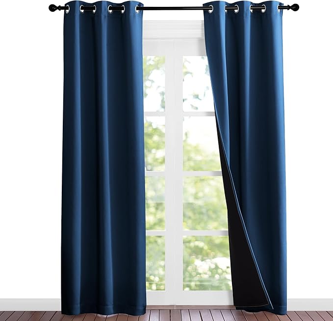 NICETOWN Moroccan Blue Full Shade Curtain Panels, 37" Wide x 80" Long, Pair of Thermal Insulated & Energy Efficiency Blackout Curtains for Living Room Windows, Lined Silky Performance Window Dressing