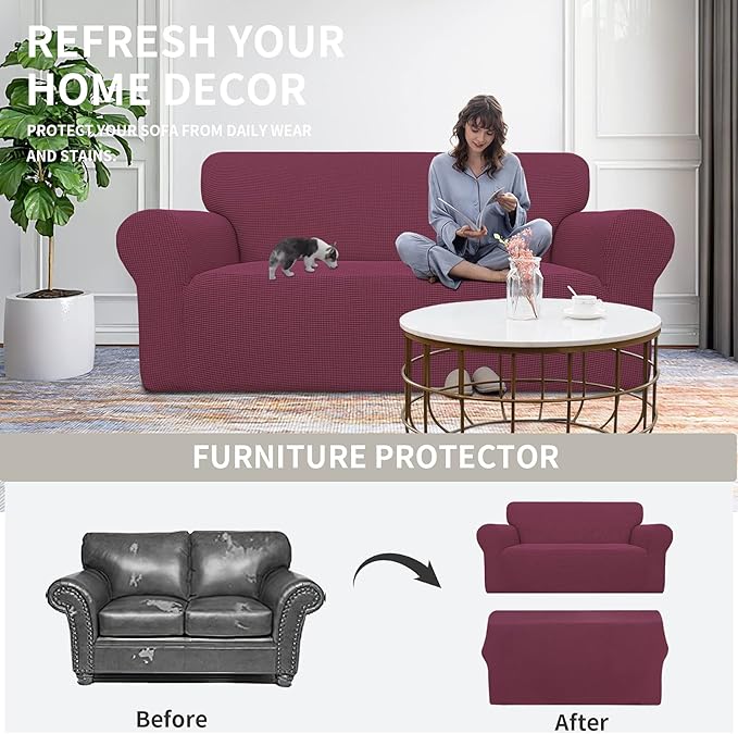 Easy-Going Stretch Oversized Loveseat Slipcover 1-Piece Sofa Cover Furniture Protector Couch Soft with Elastic Bottom for Kids Polyester Spandex Jacquard Fabric Small Checks ASH Rose