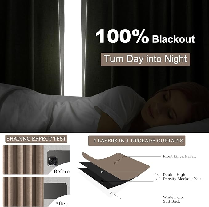96 inch long linen blackout curtains 2 Panels 100% Black out Linen texture Curtain Modern Farmhouse Dark Flax Window Drapes with Back Tab Rod Pocket Room Darkening Thermal for Bedroom Living Room