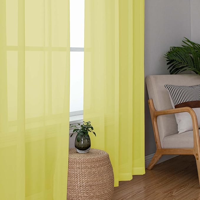 OWENIE Short Lemon Sheer Curtains 36 Inch Length 2 Panels Set, Kitchen Tiers Curtains Light Filter Rod Pocket Voile Cafe Curtain for Basement Bathroom Small Half Window, 42" W x 36" L, Lemon
