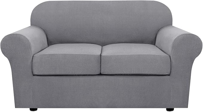 H.VERSAILTEX 3 Piece Stretch Sofa Covers for 2 Cushion Loveseat Couch Covers for Living Room Sofa Slipcovers (Base Cover Plus 2 Seat Cushion Covers) Thicker Jacquard Fabric(Medium Sofa, Dove)