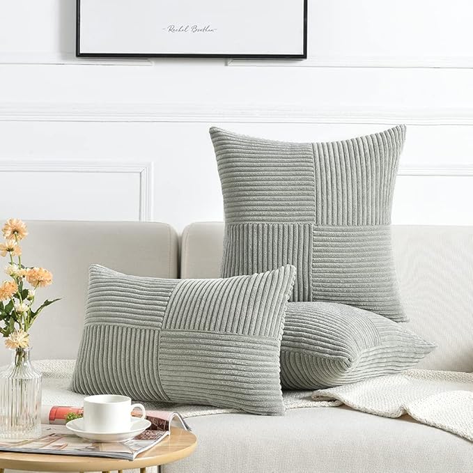 Fancy Homi 2 Packs Grey Lumbar Decorative Throw Pillow Covers 14x24 Inch for Living Room Couch Bed Sofa, Rustic Farmhouse Boho Home Decor, Soft Striped Corduroy Rectangle Accent Cushion Case 35x60 cm