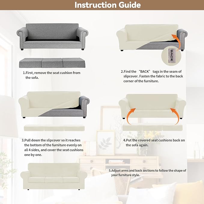 WEERRW 4 Pieces Velvet High Stretch Couch Covers for 3 Cushion Couch Sofa Slipcovers, Washable Furniture Protector with Non Slip Elastic Bottom, Feature Soft and Thick Plush Fabric, Ivory, Large