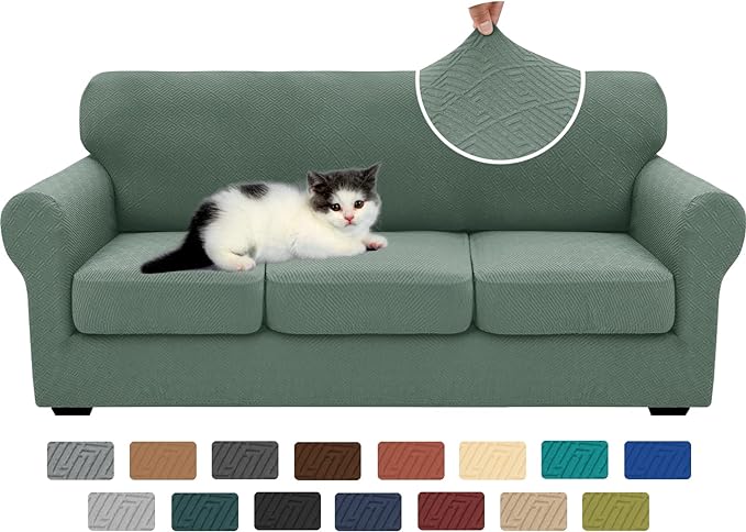 XINEAGE New 4 Pieces Couch Covers for 3 Cushion Couch Super Stretch Thick Soft Sofa Cover Anti Slip Sofa Slipcover Dogs Cats Furniture Protector (Pea Green, 71"-91")
