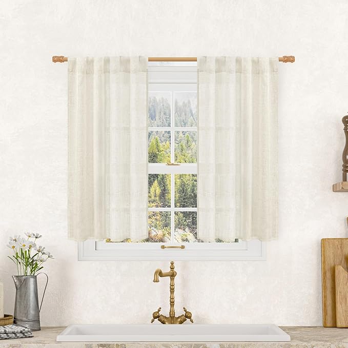 LAMIT Semi Sheer Linen Curtains 40 Inch Length for Cafe, Light Filtering Panels Back Tab and Rod Pocket Neutral Drapes for Bathroom/Kitchen, 25 x 40 Inch, Natural, 2 Panels