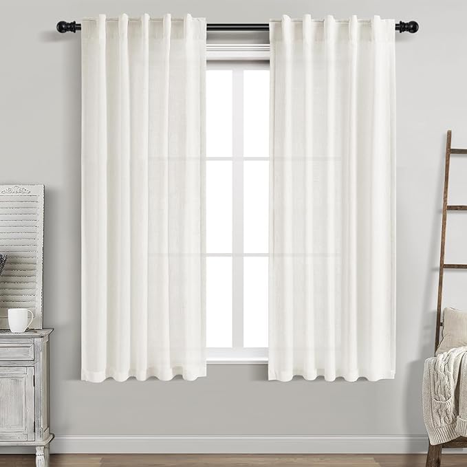 Nanspring Beige White Linen Curtains 63 Inch Length for Living Room Semi Sheer Curtain Back Tab and Rod Pocket Rustic Farmhouse Dector Coastal Room Decor Drapes for Bedroom 40 X 63, 2 Panels