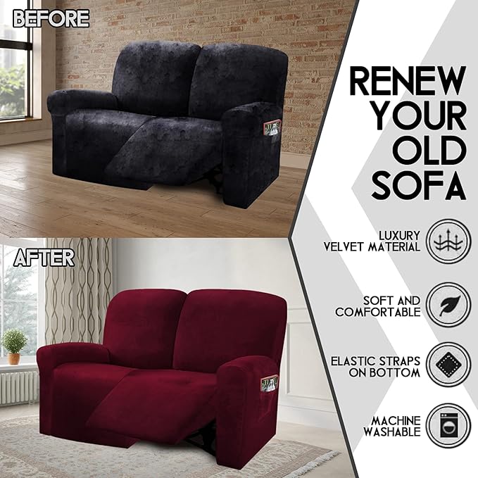 ULTICOR Reclining Love Seat Slipcover, 48" - 65" L, 6-Piece Velvet Stretch Loveseat Reclining Sofa Covers, 2 seat Love seat Recliner Cover, Thick, Soft, Washable (Burgundy - Wine)