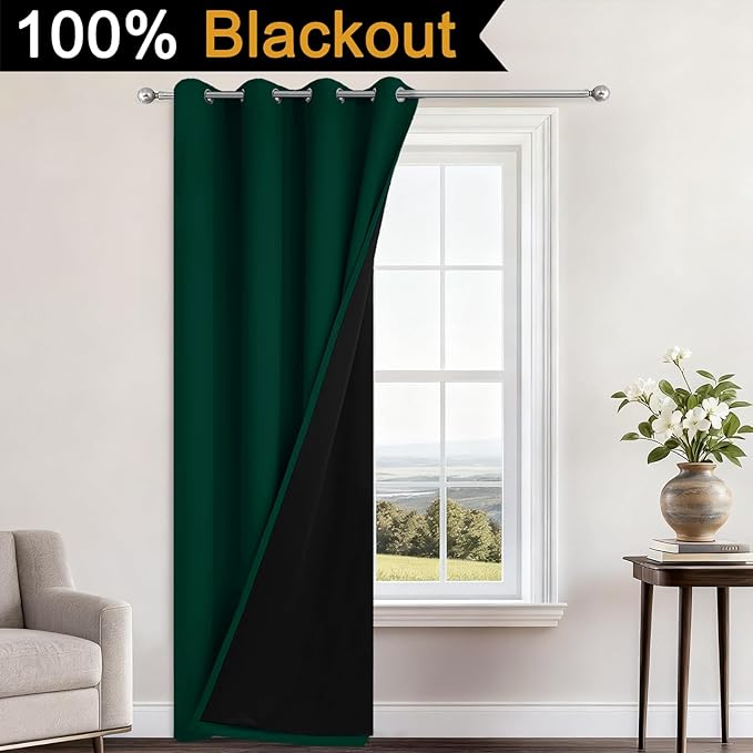 Yakamok 100% Blackout Curtains 96 Inches Long, 2 Thick Layers Heat and Full Light Blocking Soft Thermal Insulated Drapes for Bedroom(52" Wide Each Panel, Green, 1 Panel)