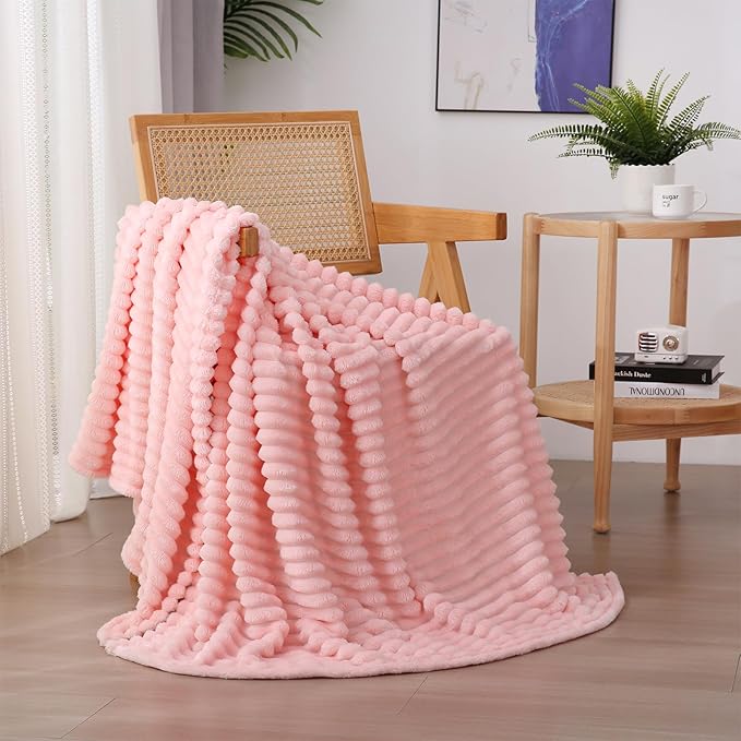 Light Pink Fleece Throw Blanket 108”×90” for Couch Sofa Bed,Super Soft Cozy Plush Microfiber Flannel Blanket with Stripes Design Lightweight for Adults,Woman,Girls