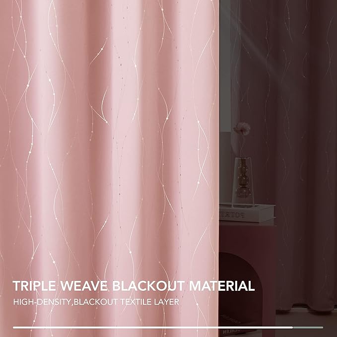 Deconovo Pink Blackout Curtains for Bedroom, Thermal Insulated Soundproof Pravicy Curtain, Silver Wave Dots Print, 42 x 63 Inch Long, Machine Washable Window Panels for Kids Room Nursery, Set of 2