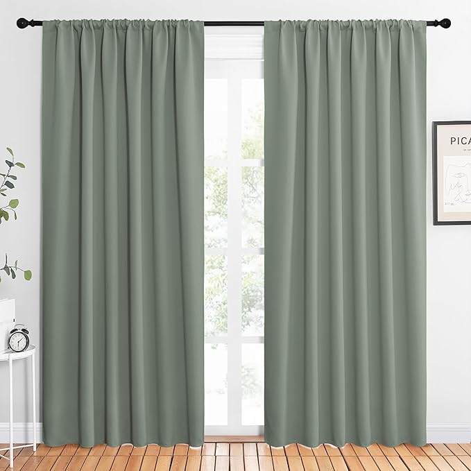NICETOWN 2 Panels Blackout Curtains, Rod Pocket Thermal Insulated Drapes 84 inches Long, Easy-Care Modern Home Decoration Sunshades for Guest Room, Living Room, Office, 62 x 84 Inch, Greyish Green