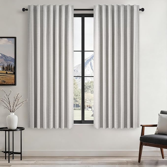 Topfinel Linen Blackout Curtains 63 Inches Long 2 Panels for Small Window Modern Farmhouse Linen Blend Texture Insulated Hook Belt Back Tab Pocket Pleated Drapes (W52 x L63) Light Grey