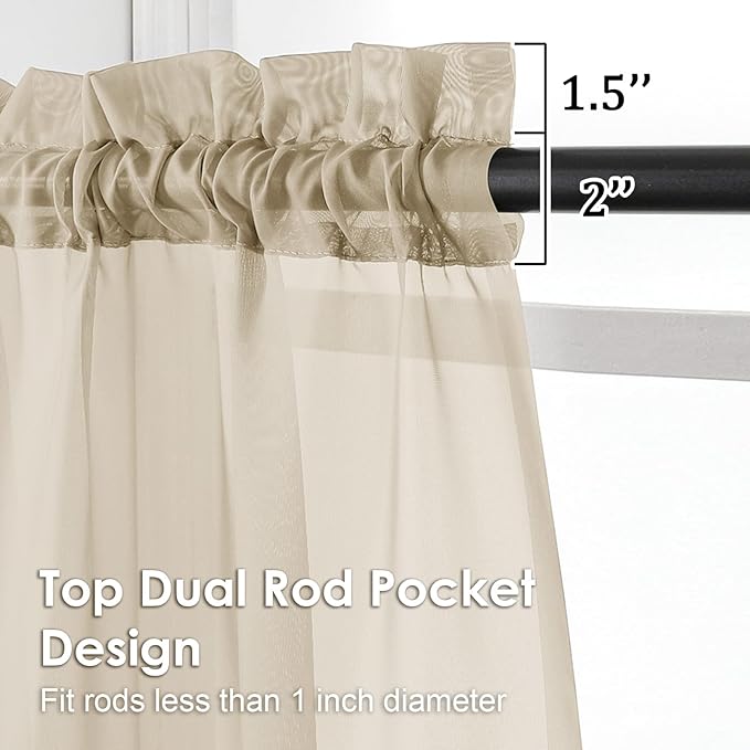 OVZME Taupe Sheer Curtains 72 Inches Long 2 Panels - Soft Light Filtering Window Sheer Panels for Living Room/Bedroom, Top Dual Rod Pocket, 1 Pair, Each 42Wx72L Inches