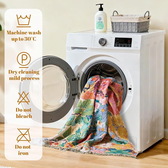 MSGKV Boho Throw Blanket for Couch 50"x60" Cotton Floral Blankets for Sofa Chair Spring Breathable Farmhouse Home Decor All Seasons Lightweight Muslin
