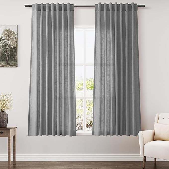 Nanspring Dark Gery Linen Curtains 63 Inches Length for Living Room Back Tab Pocket Light Filtering Semi Sheer 2 Panels Set Drapes Neutral Farmhouse Cotton Linen Textured Window Curtain 52X63 Inch