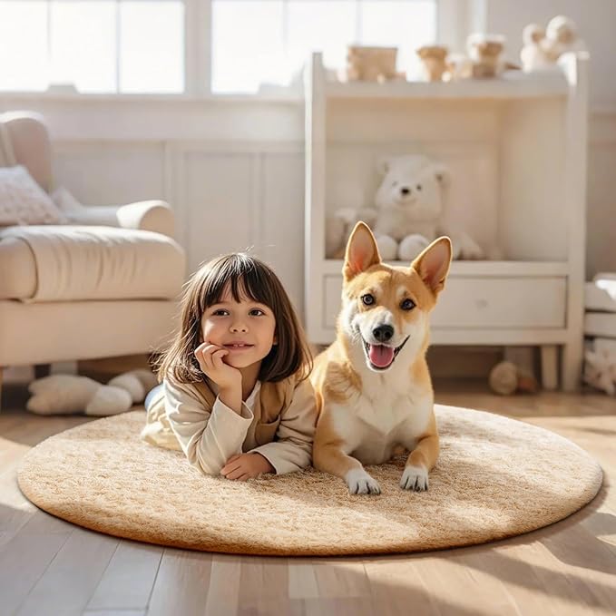 Ophanie Round Rug 4Ft Beige Circle Area Rug, Fluffy Fuzzy Small Bedroom Carpet, Plush Soft Shaggy Floor Living Room Circular Christmas Decor for Kids Boys Girls Home Aesthetic, Nursery, Classroom