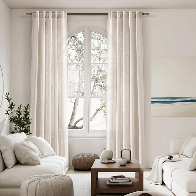 Nanspring Linen 102 Inch Long Curtains for Living Room 2 Panels Back Tab Pocket Semi Sheer Light Filtering Curtains Bohemian Rustic Beige Solid Color Drapes for Sliding Glass Door Bedroom 40x102