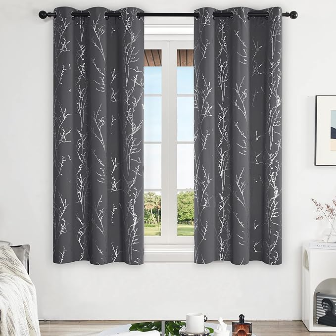 Deconovo Blackout Curtains Grey, Thermal Insulated Soundproof Drapes, Silver Branch Foil Print, 42 x 63 Inch, 2 Panels, Machine‑Washable Privacy Window Panel for Living Room Bedroom Nursery Office