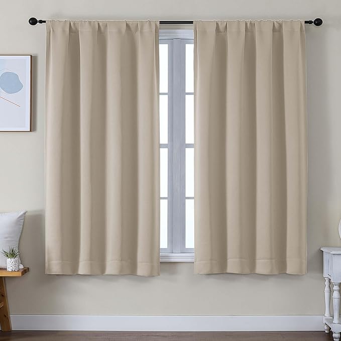 Simplebrand Ava Biscotti Beige Blackout Curtains for Bedroom 63 Inch Length 2 Panels Set, Solid Thermal Insulated Privacy Living Room Window Treatment Curtains Blackout Drapes, W50 x L63 Inch
