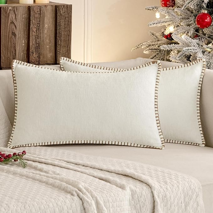 MIULEE Pack of 2 Christmas Pillow Covers 12x20 Inch Pure White Farmhouse Decorative Throw Pillow Covers with Stitched Edge Soft Chenille Solid Dyed Couch Pillow Covers for Sofa Bed Living Room