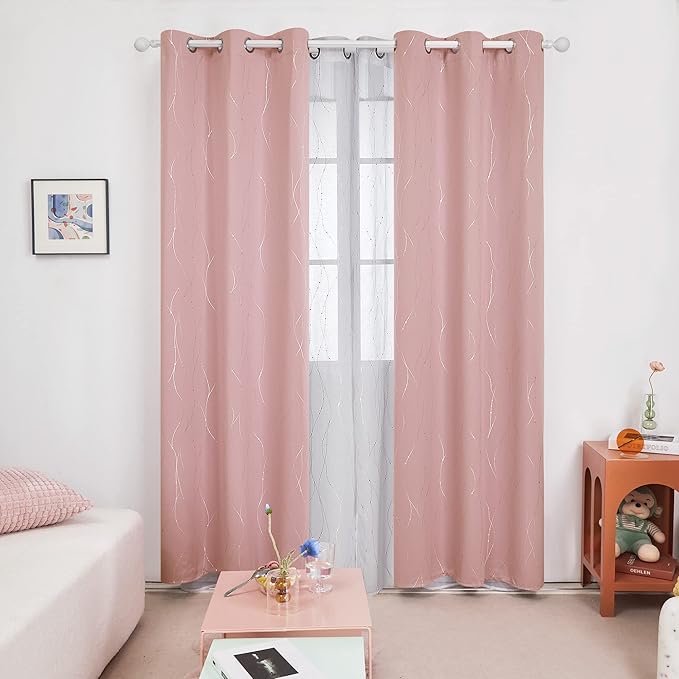 Deconovo Pink Blackout Curtains for Bedroom, Thermal Insulated Soundproof Pravicy Curtain, Silver Wave Dots Print, 42 x 84 Inch Long, Machine Washable Window Panels for Kids Room Nursery, Set of 2