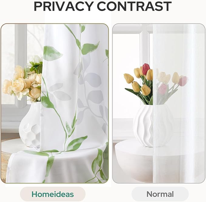 HOMEIDEAS Non-See-Through Sage Green and White Privacy Sheer Curtains 52 X 96 Inches Long 2 Panels, Leaf Floral Printed Light Filtering Semi Sheer Window Curtains Drapes for Bedroom Living Room