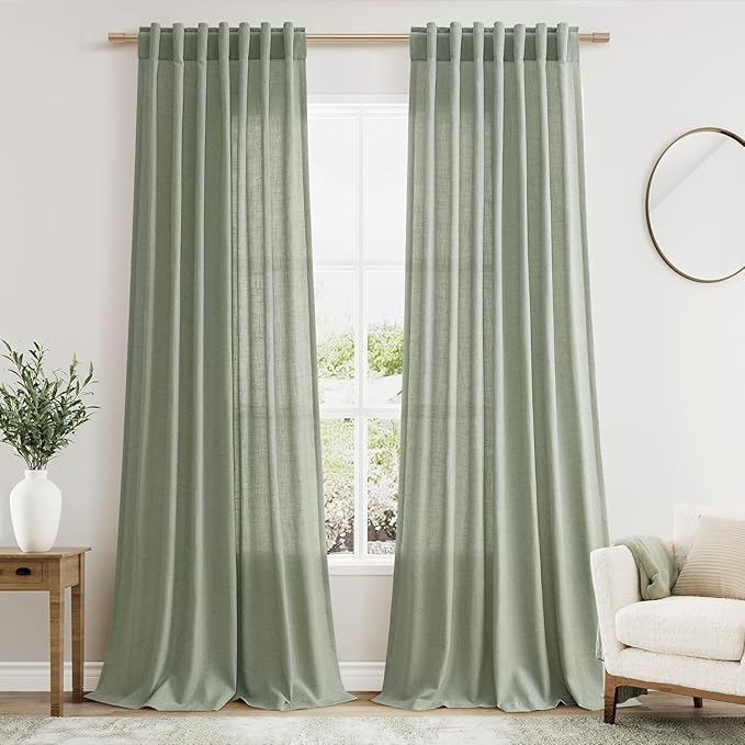 Desert Sage Linen Curtains for Living Room 94 Inches Long Light Filtering Semi Sheer Curtain Back Tab Rustic Farmhouse Decor Elegant Luxury Boho Drapes for Bedroom Dinner Room 52x94, 2 Panels