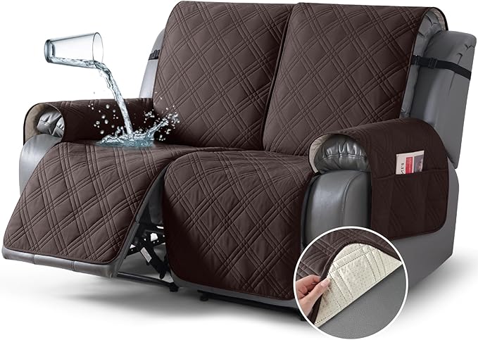 TAOCOCO 100% Waterproof Loveseat Recliner Cover, Non Slip Split Loveseat Covers for Reclining Sofa with Elastic Straps, Washable Recliner Chair/Furniture Protector for Pets(2 Seater, Chocolate)