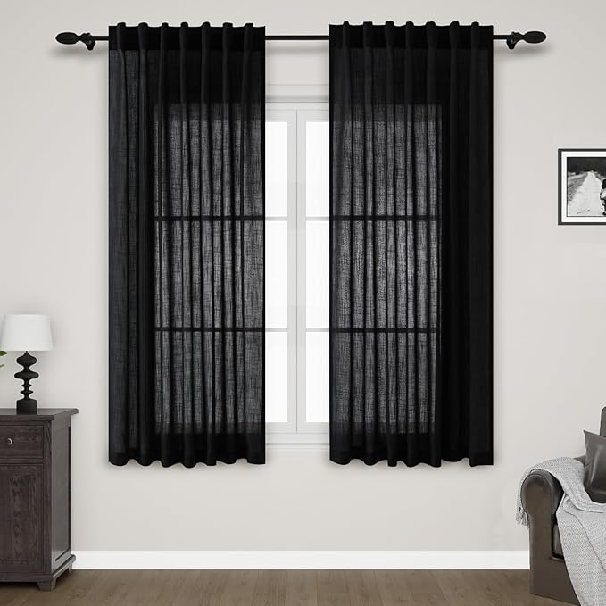 Nanspring Black Linen Curtains 63 inches Long for Bedroom Back Tab Sheer Black Curtains Modern Farmhouse Coastal Decor Cotton Textured Gauze Curtain for Bathroom 2 Panel Set 52x63