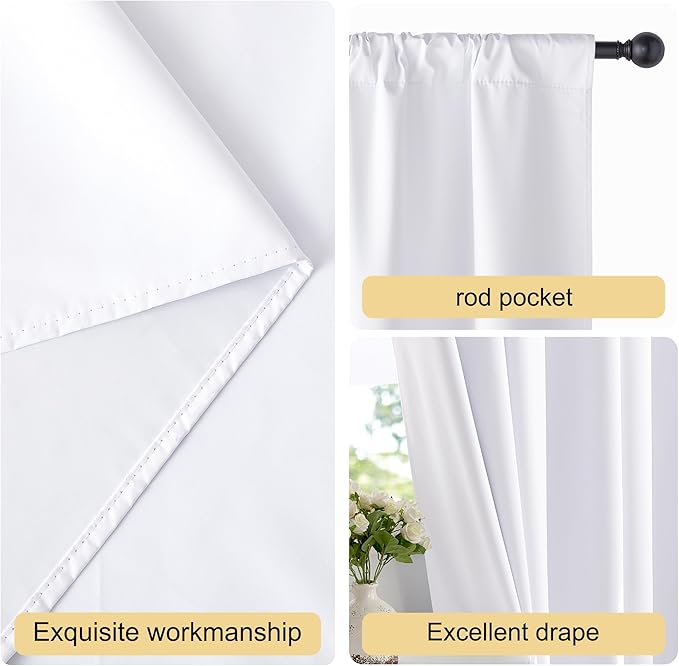 NICETOWN Bedroom 100% Blackout Curtains, 2 Panels, 34 by 36, Snow White, Window Treatment Rod Pocket Curtains/Drapes for Bedroom