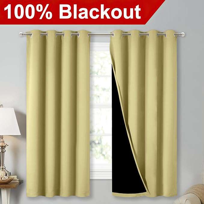 NICETOWN 100% Blackout Curtains with Black Liners, Thermal Insulated Full Blackout 2-Layer Lined Drapes, Energy Efficiency Window Draperies for Bedroom (Paler Yellow, 2 Panels, 52-inch W by 63-inch L)