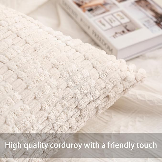 Corduroy Decorative Throw Pillow Covers 14x36 InchSoft Striped Pillow Covers Modern Farmhouse Home Decor for Sofa Living Room Couch Bed（White）