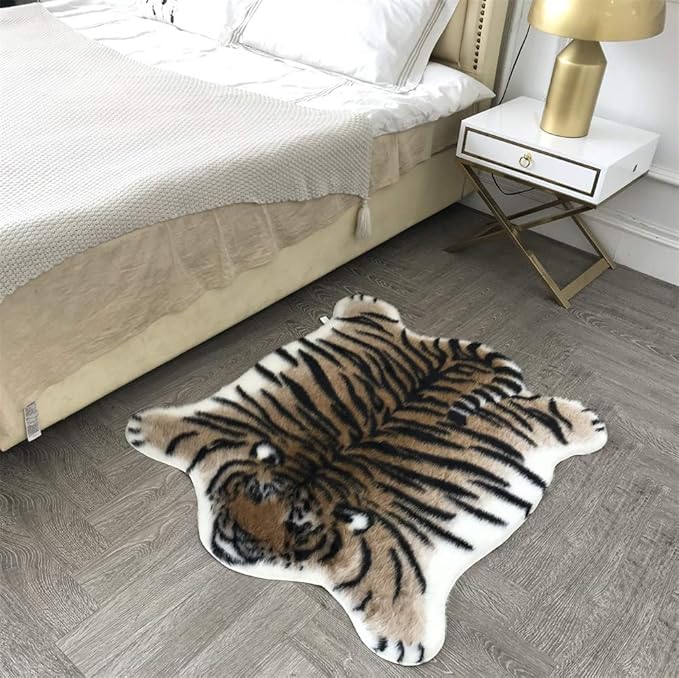 Tiger Print Area Rug Faux Cowhide Skin Hide Animal Printed Rugs Cute Carpet Nonslip Mat Premium Quality Rug and Chair Cover 35.4x43.3inch