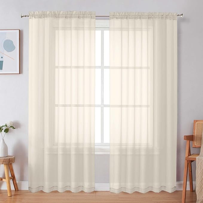 Simplebrand Cream Sheer Curtains, 72" Length, 2 Panels Set - Light Filtering, Rod Pocket Window Curtains for Bedroom (Cream, 59" W x 72" L)
