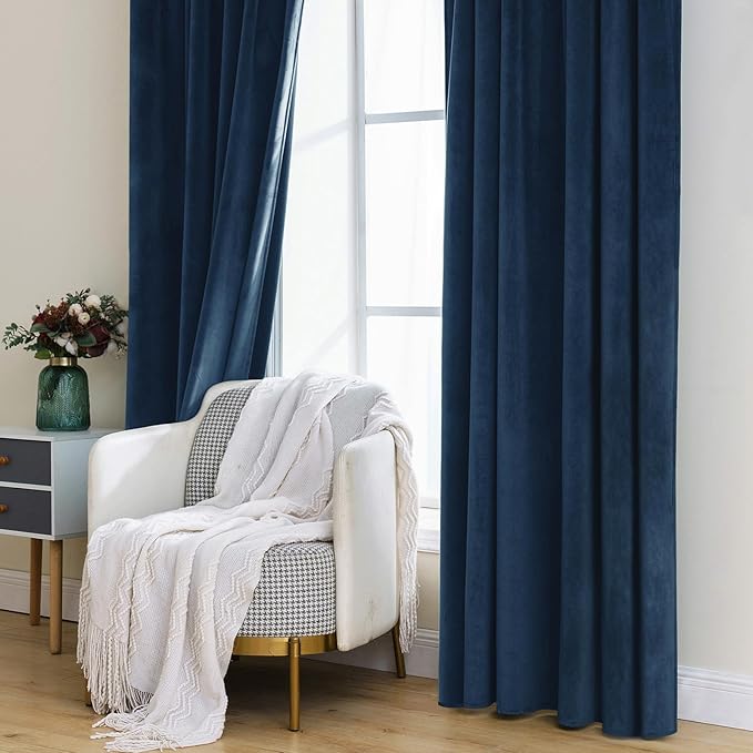 MIULEE Navy Blue Velvet Curtains 96 inches - Luxury Blackout Curtains for Bedroom Living Room Thermal Insulated Super Soft Window Drapes Rod Pocket & Back Tab, W52 x L96 inches, 2 Panels