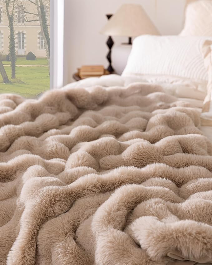 Ultra Soft Cozy Faux Fur Throw Blanket, Fuzzy Plush Thick Bubble Blanket, Oversize Luxury Fluffy Blanket for Couch, Bed, and Living Room, 60x80 Inches, Light Brown